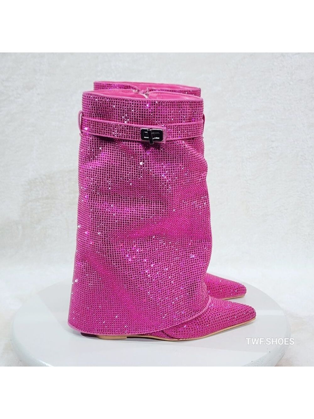 Betty Sparkling Pink Rhinestone Fold Over Calf Boots 4.5" Wedge Heels